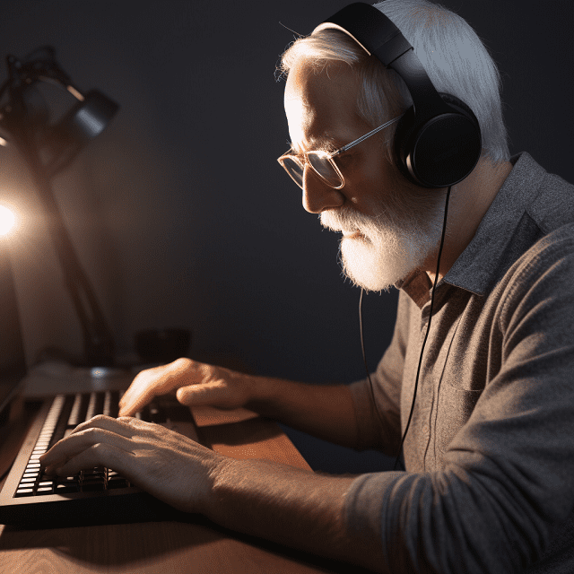 An older gentleman with reading glasses and headphones is looking at a computer screen.