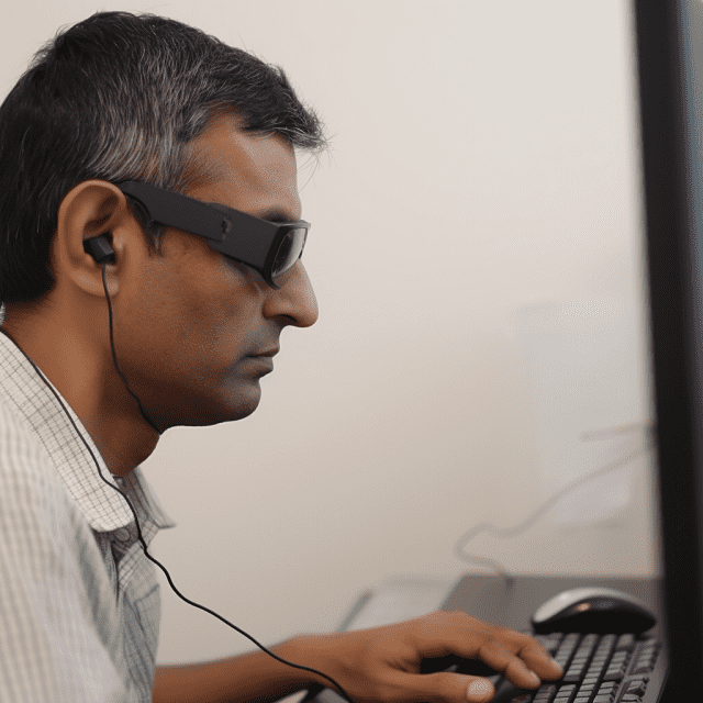 A man with visual impairment is typing on a keyboard and looking at a screen.