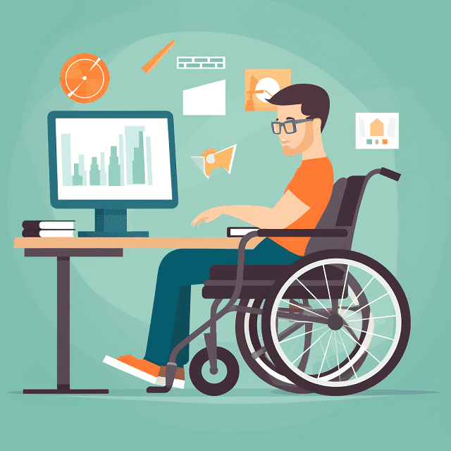 A modern stylised illustration of a young person in a wheelchair is in front of a desk with a computer on it.